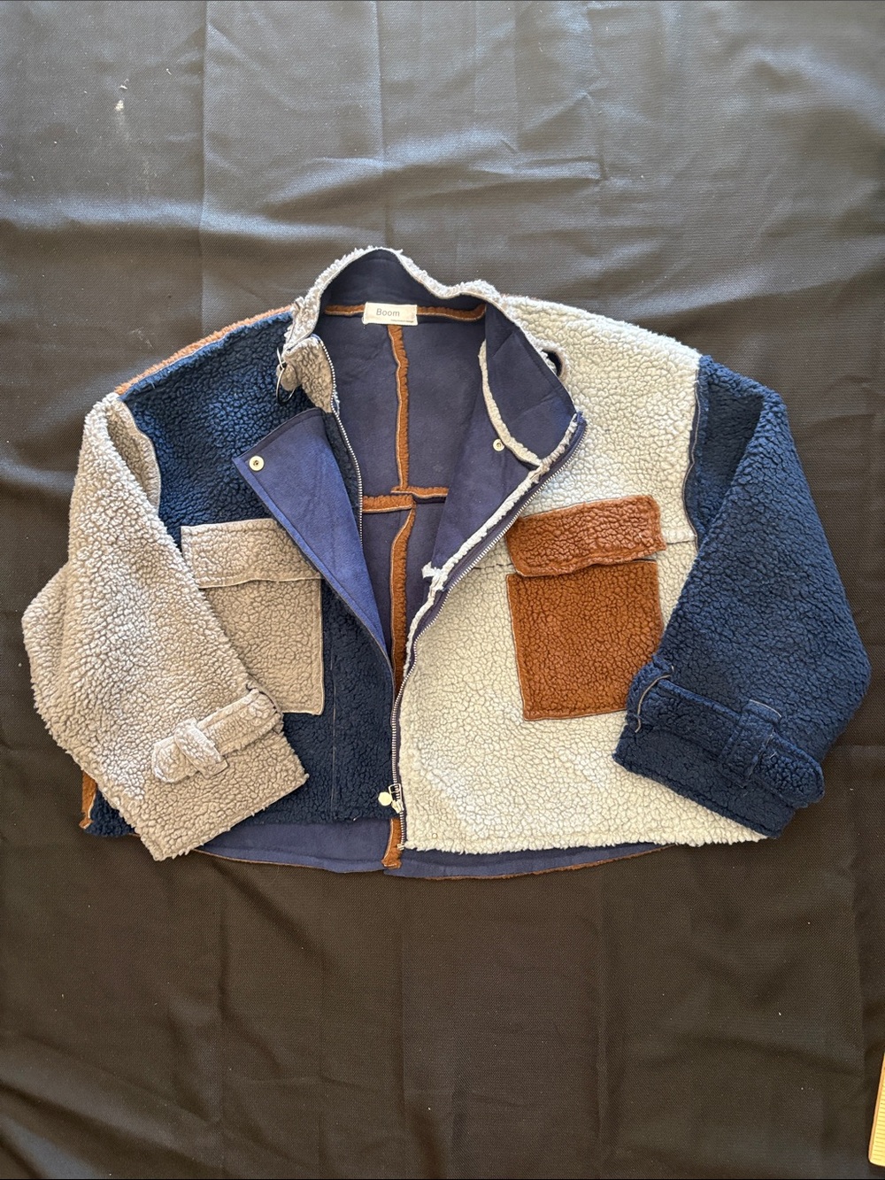 Colorblock Sherpa Bomber Jacket - Navy, Gray & Brown